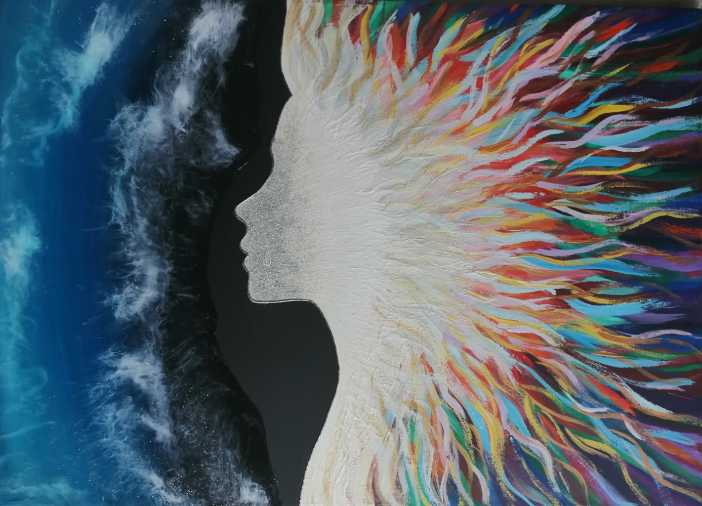 Art-story BlackSea Winter. Colourful interior painting in fluid art style.