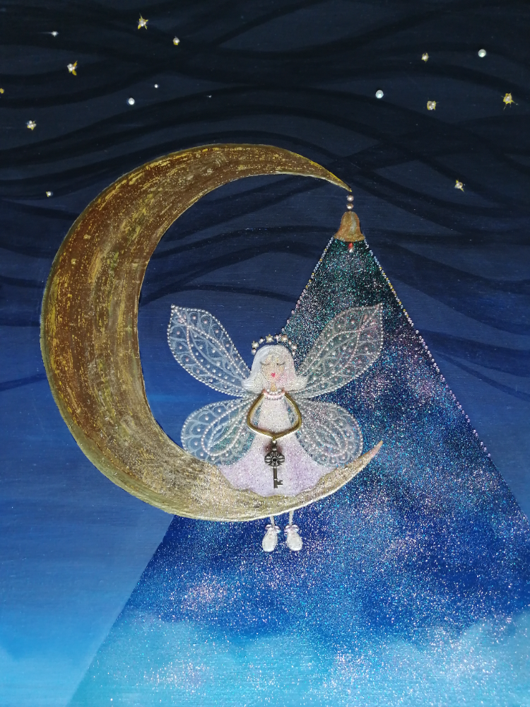 Art-story Girl's secret. Interior painting with golden foil on a deep blue background.