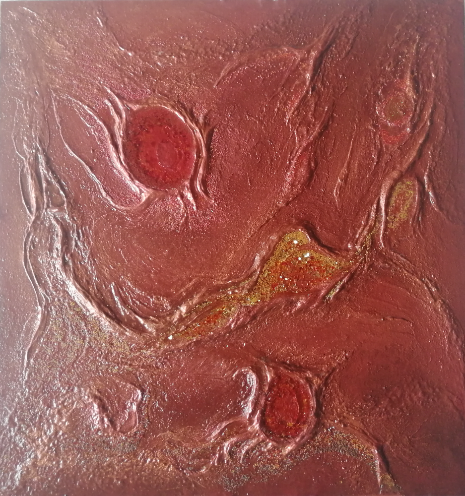 Art-story My Mars. Interior painting, sculptural art in red tones.