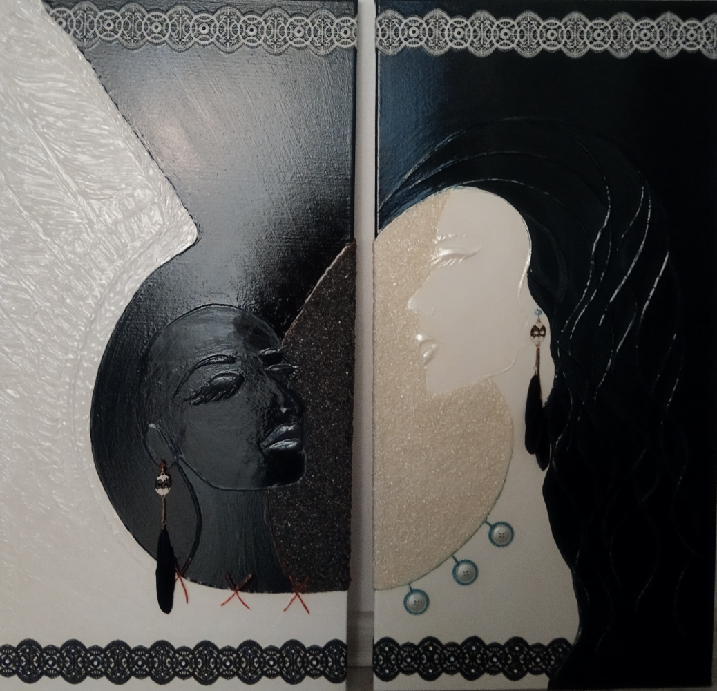 Art-story Contradictions. Interior painting (diptych), sculptural art with a contrast of black and white.
